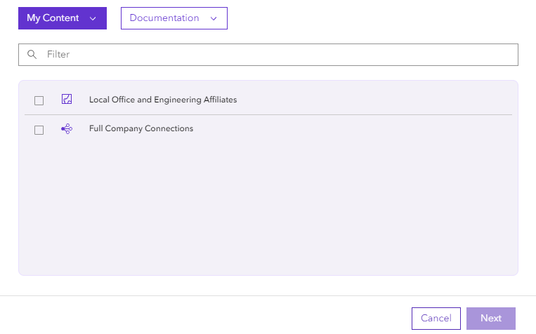Import content modal listing maps and link charts in portal Import content modal listing maps and link charts in portal