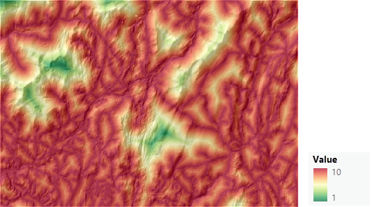 Map of transformed distance from roads criterion Map of transformed distance from roads criterion